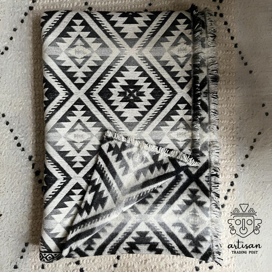 Wool Cottage Blanket | Black & White Aztec