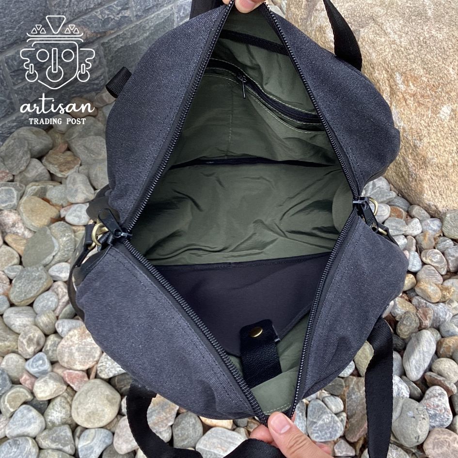 Canvas & Leather Weekender Bag | Black Canvas & Black Leather