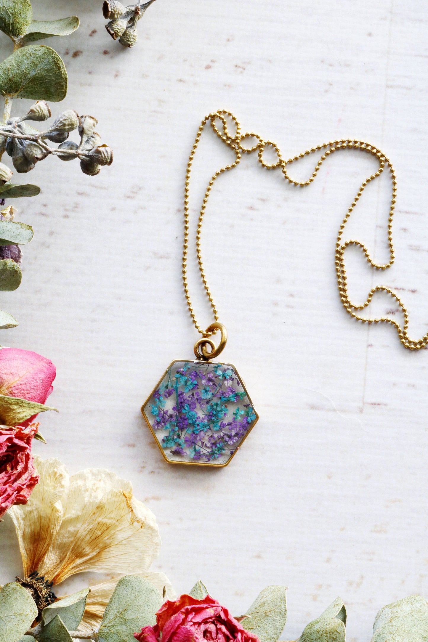Hexagon Necklace | Large Gold Asparagus Fern