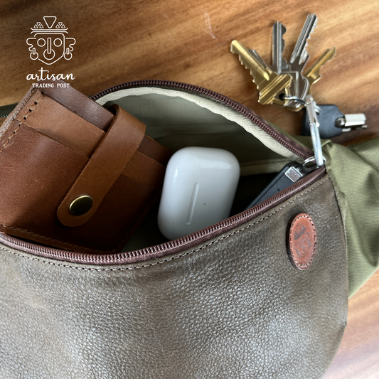 Sac banane utilitaire | Sac banane en nylon et cuir vert