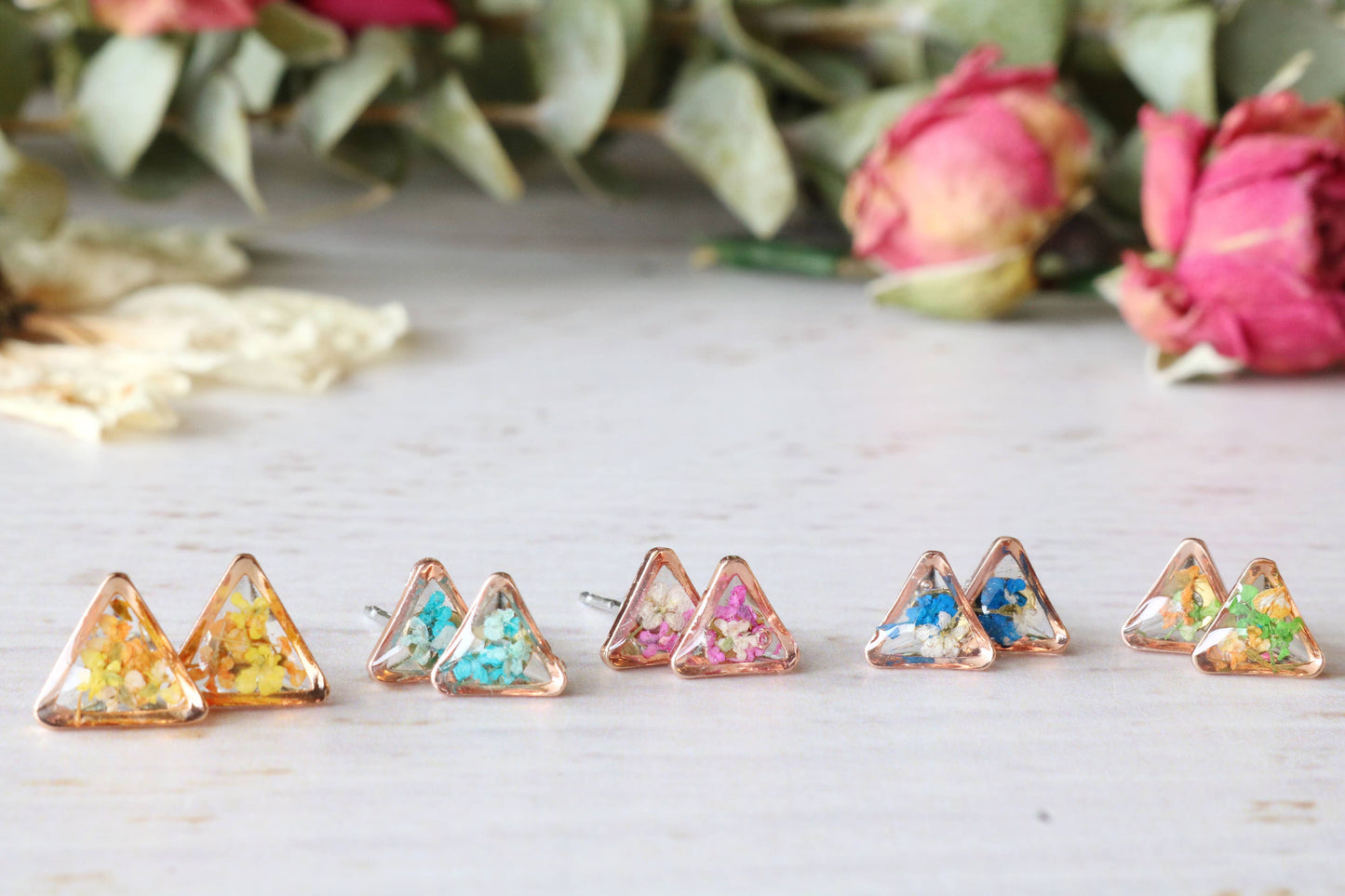 Triangle Stud Earrings with Preserved Flowers | Rose Gold with Pink Flowers