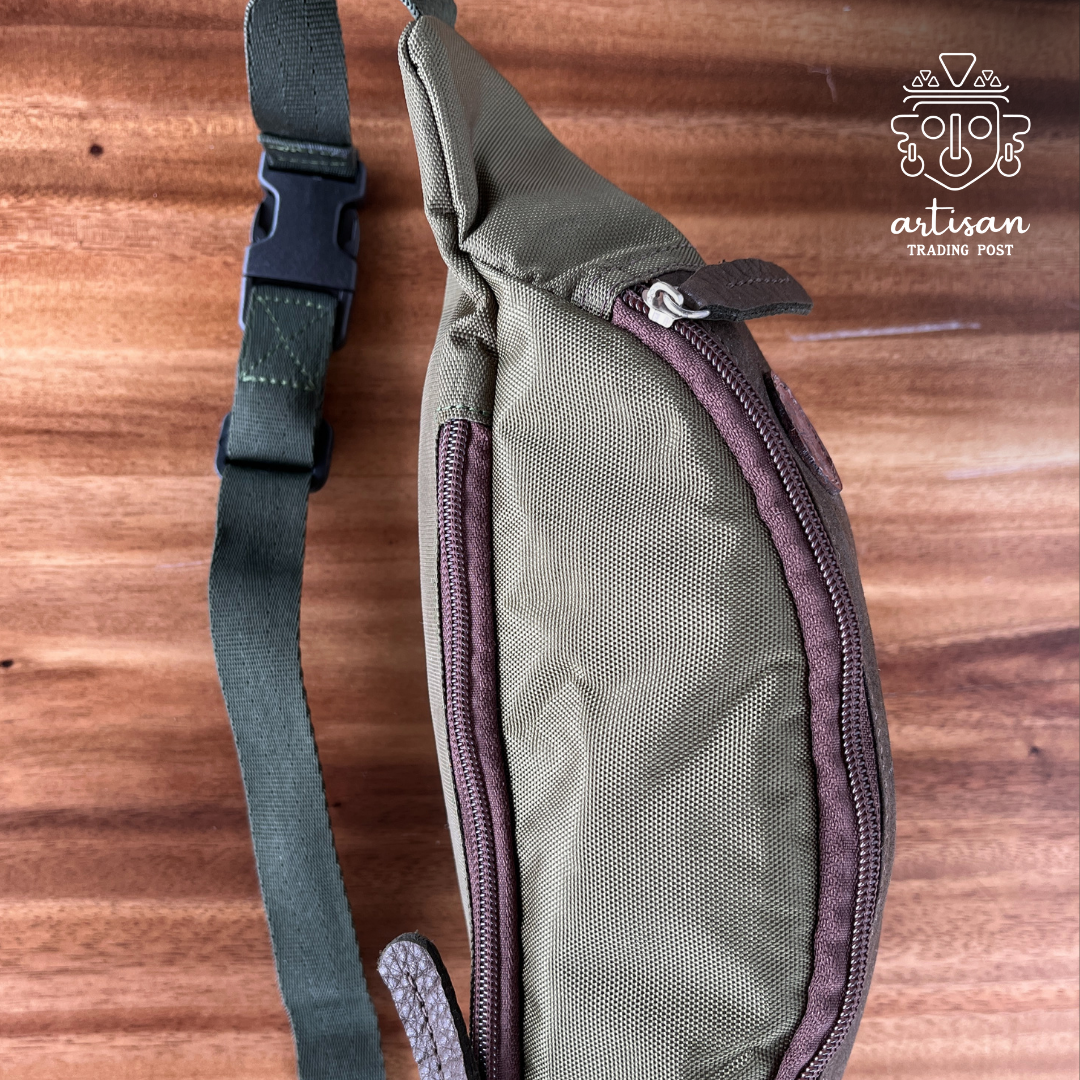 Utility Belt Bag | Green Nylon & Leather Fanny Pack