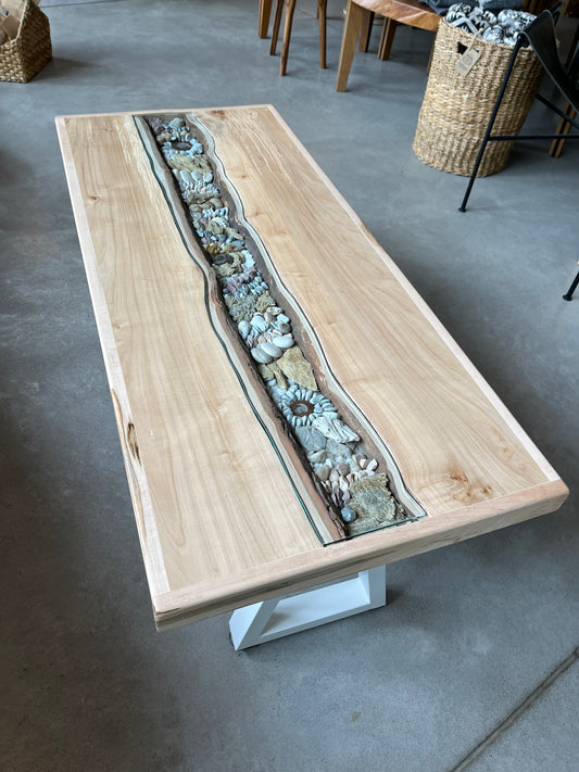 Stone Art Coffee Table | Unique Maple Table with White Legs
