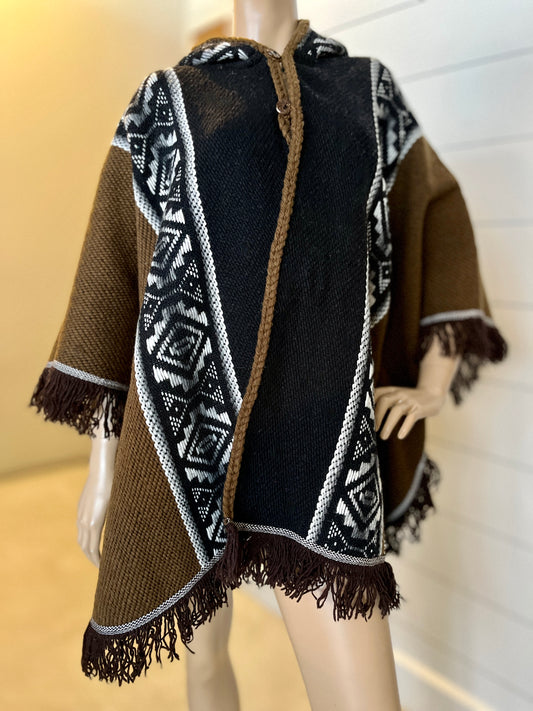 Handwoven Hooded Wool Poncho (Round Cut) | Midnight Black with Caramel