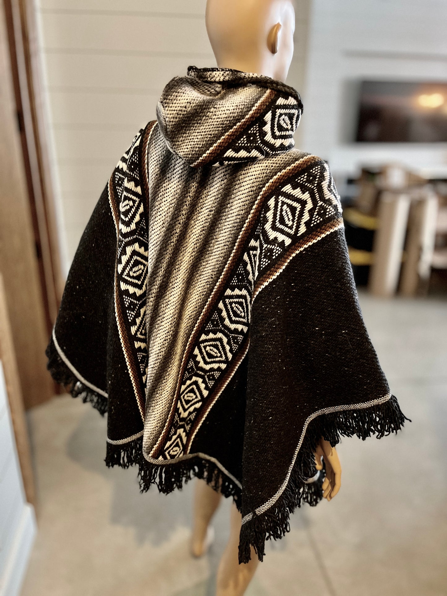 Handwoven Hooded Wool Poncho (Round Cut) | Charcoal with Cafe