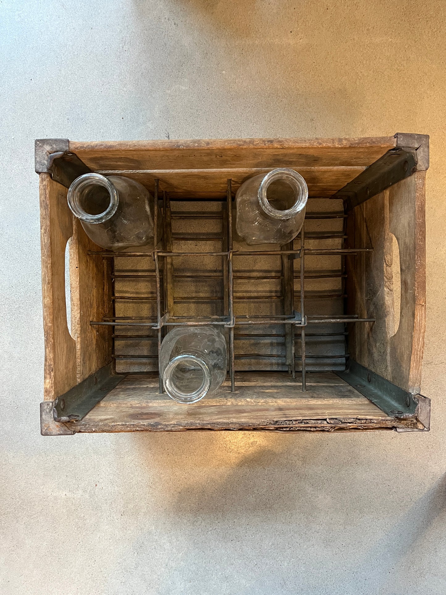 Vintage Wooden Dairy Crate Box with Three Milk Jars
