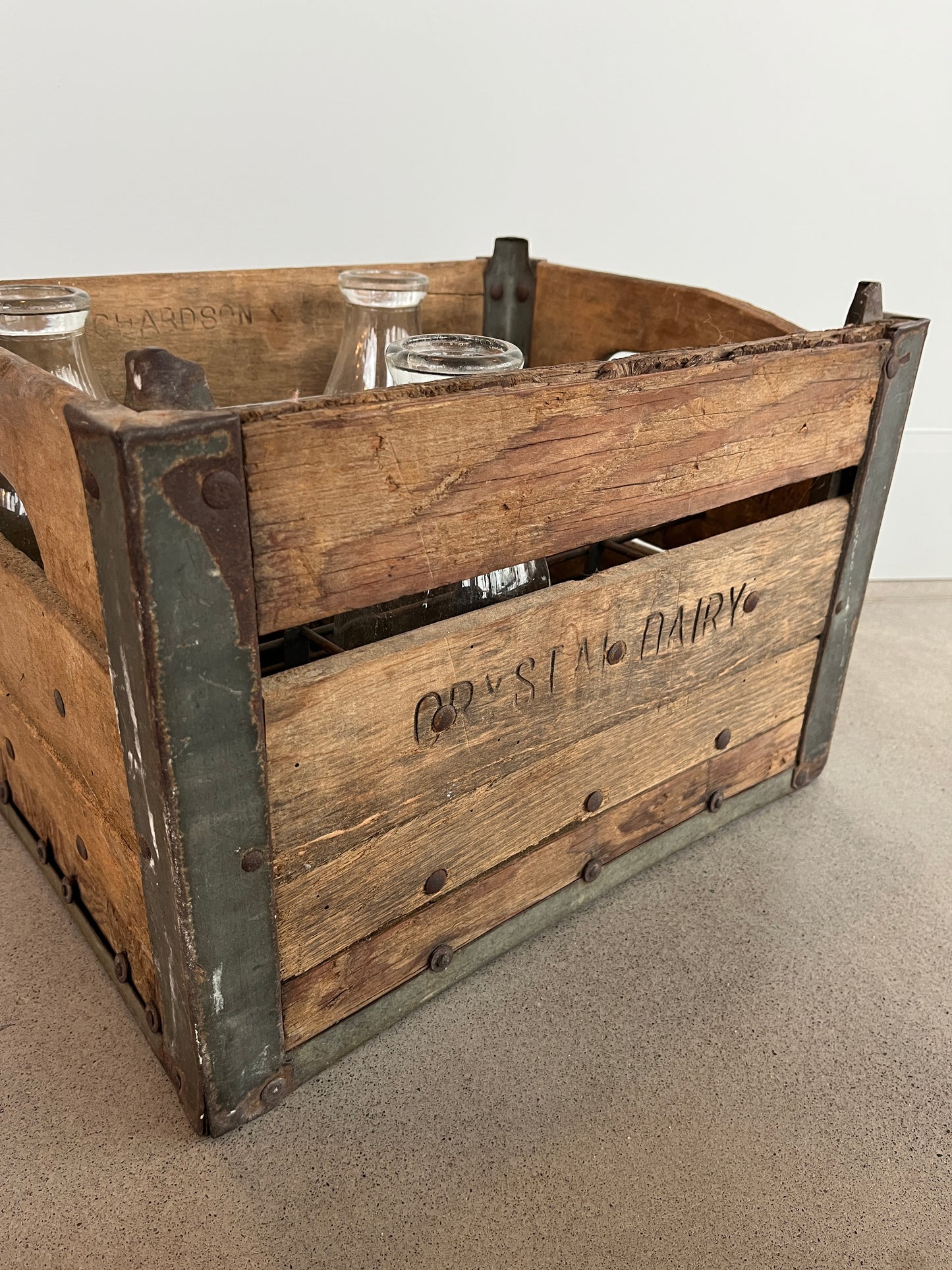 Vintage Wooden Dairy Crate Box with Three Milk Jars