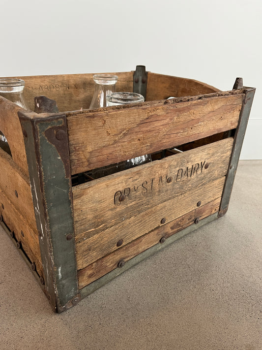Vintage Wooden Dairy Crate Box with Three Milk Jars