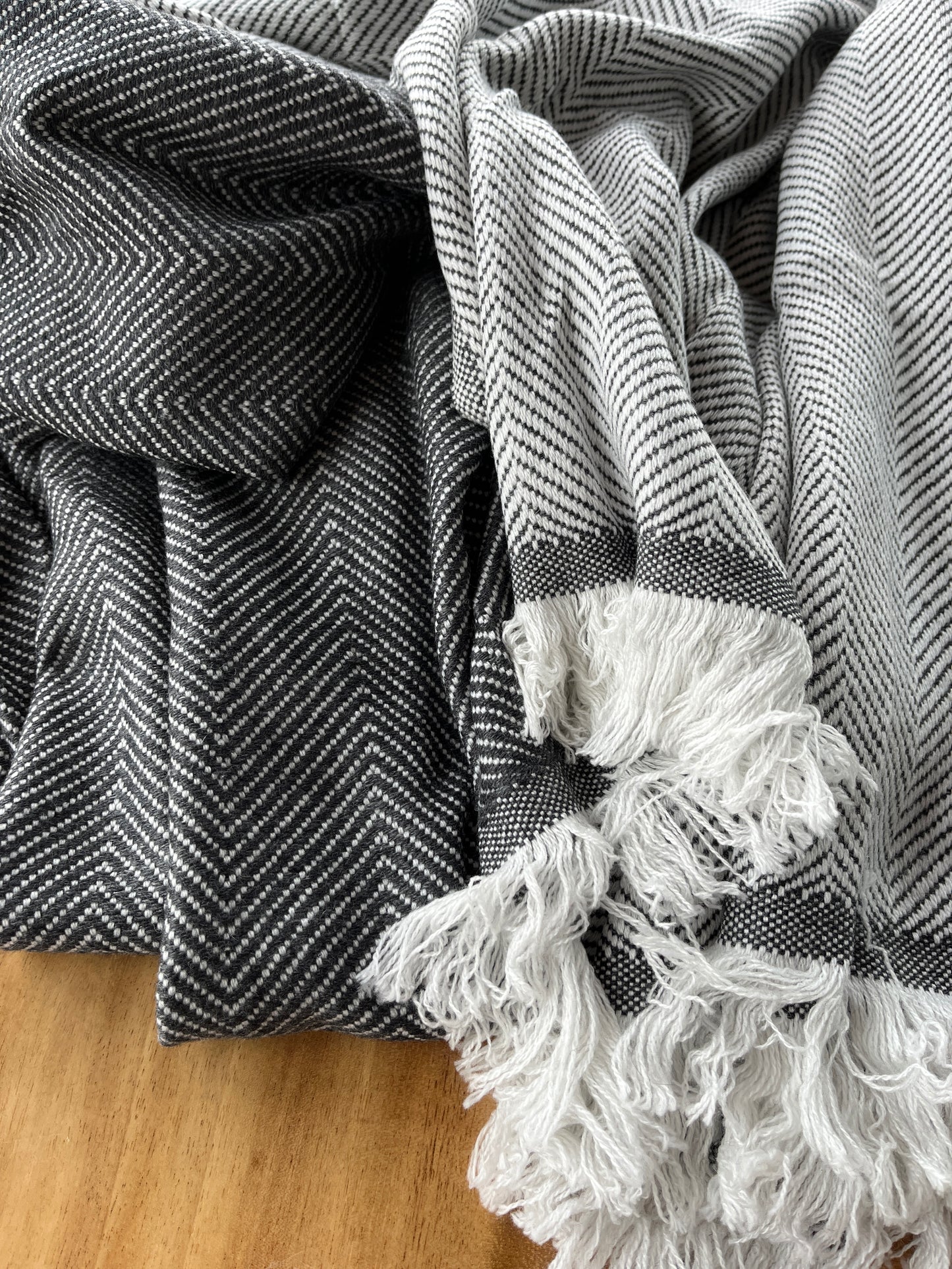 Luxury Cashmere Throw Blanket | Dual Tone Charcoal with Fringe