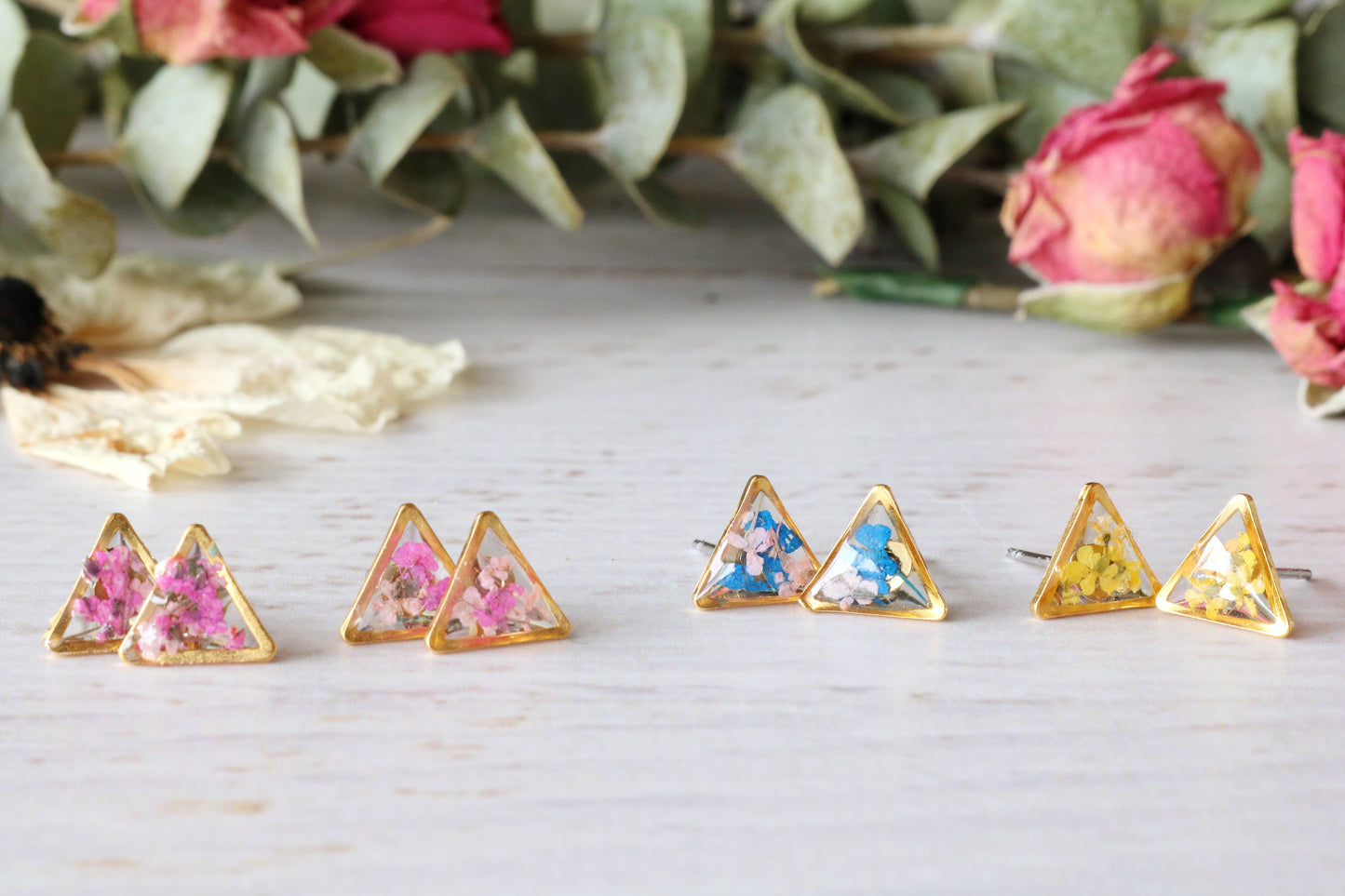 Triangle Stud Earrings with Preserved Flowers | Rose Gold with Pink Flowers