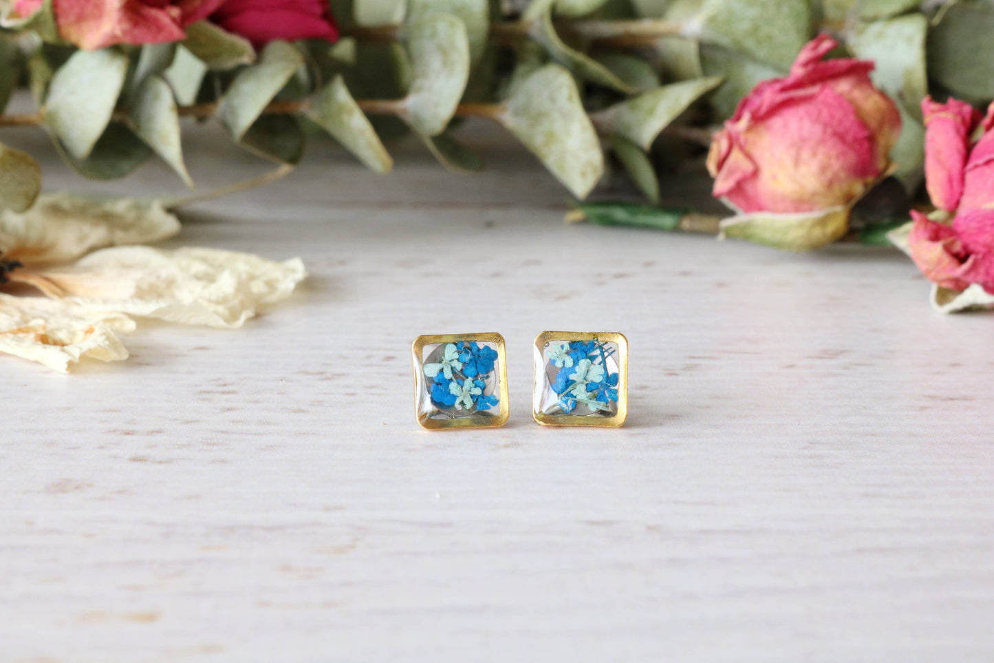 Square Stud Earrings with Preserved Flowers | Assorted Colours