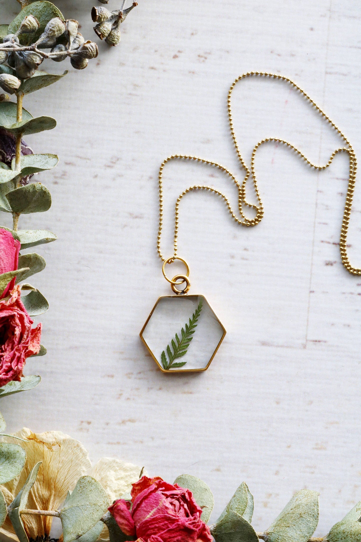 Hexagon Necklace | Large Gold Asparagus Fern