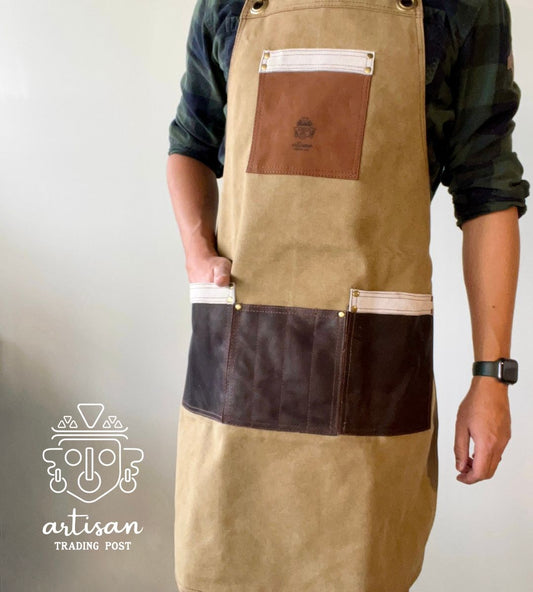 Artisan Apron  | Khaki Canvas & Chocolate Brown Leather
