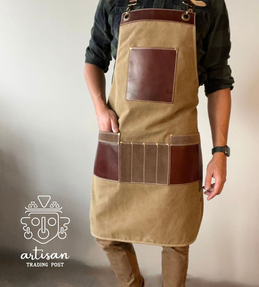 Artisan Apron  | Khaki Canvas & Chestnut Brown Leather