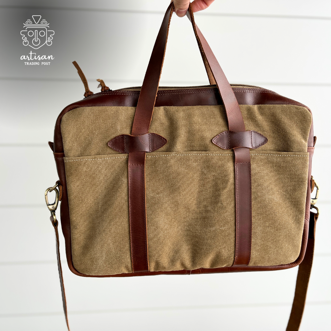 Canvas Messenger Bag with Leather Accents | Khaki