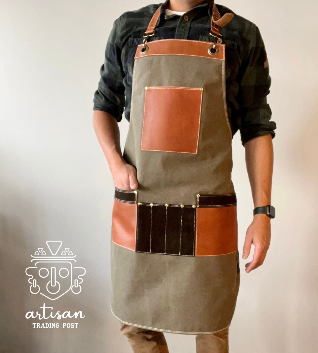 Artisan Apron | Green Canvas & Honey Brown Leather