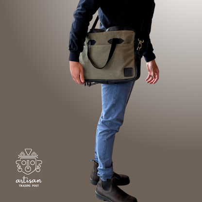 Canvas Messenger Bag with Leather Accents | Green with Midnight Black