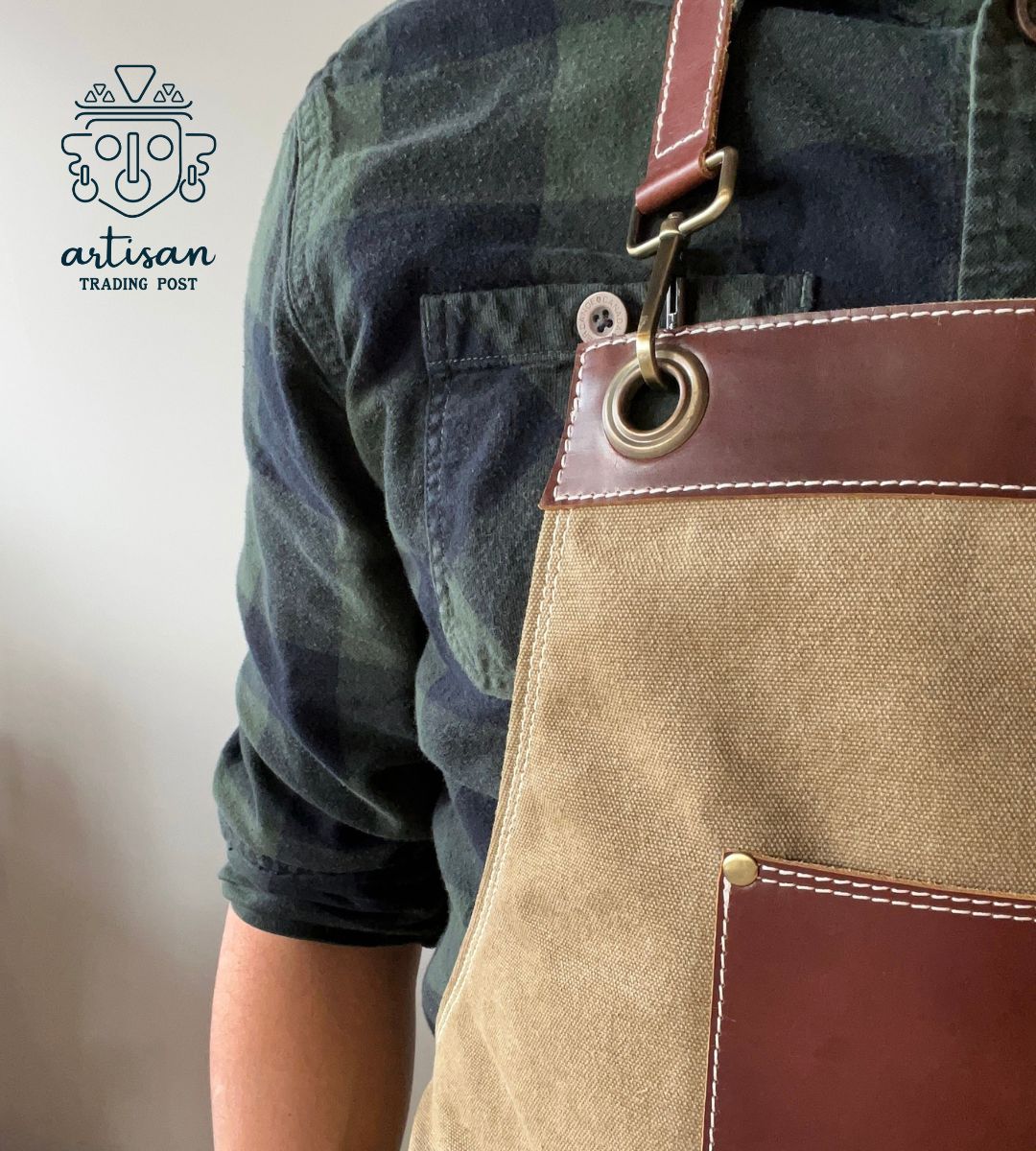 Artisan Apron | Khaki Canvas & Chestnut Brown Leather