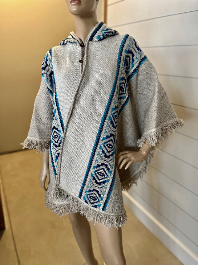 Handwoven Hooded Wool Poncho (Round Cut) | Cream with Azul