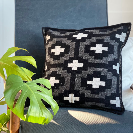 Handwoven Wool Pillow Cover | Black & Grey Cross
