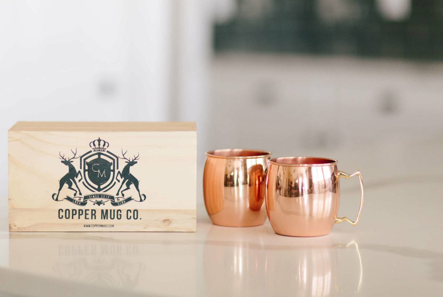 Moscow Mule Copper Mugs Gift Set of Two in Wooden Box