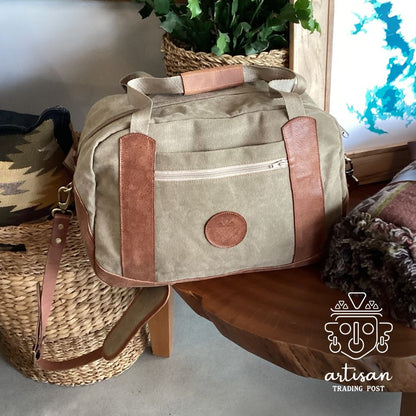 Canvas & Leather Weekender Bag | Khaki Canvas & Warm Brown