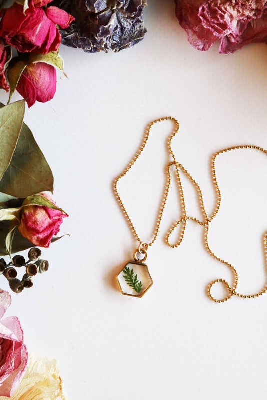 Hexagon Necklace | Large Gold Asparagus Fern