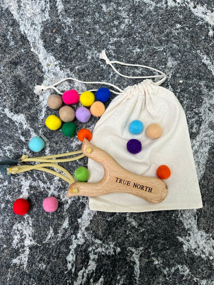 True North Wooden Slingshot with Felt Balls