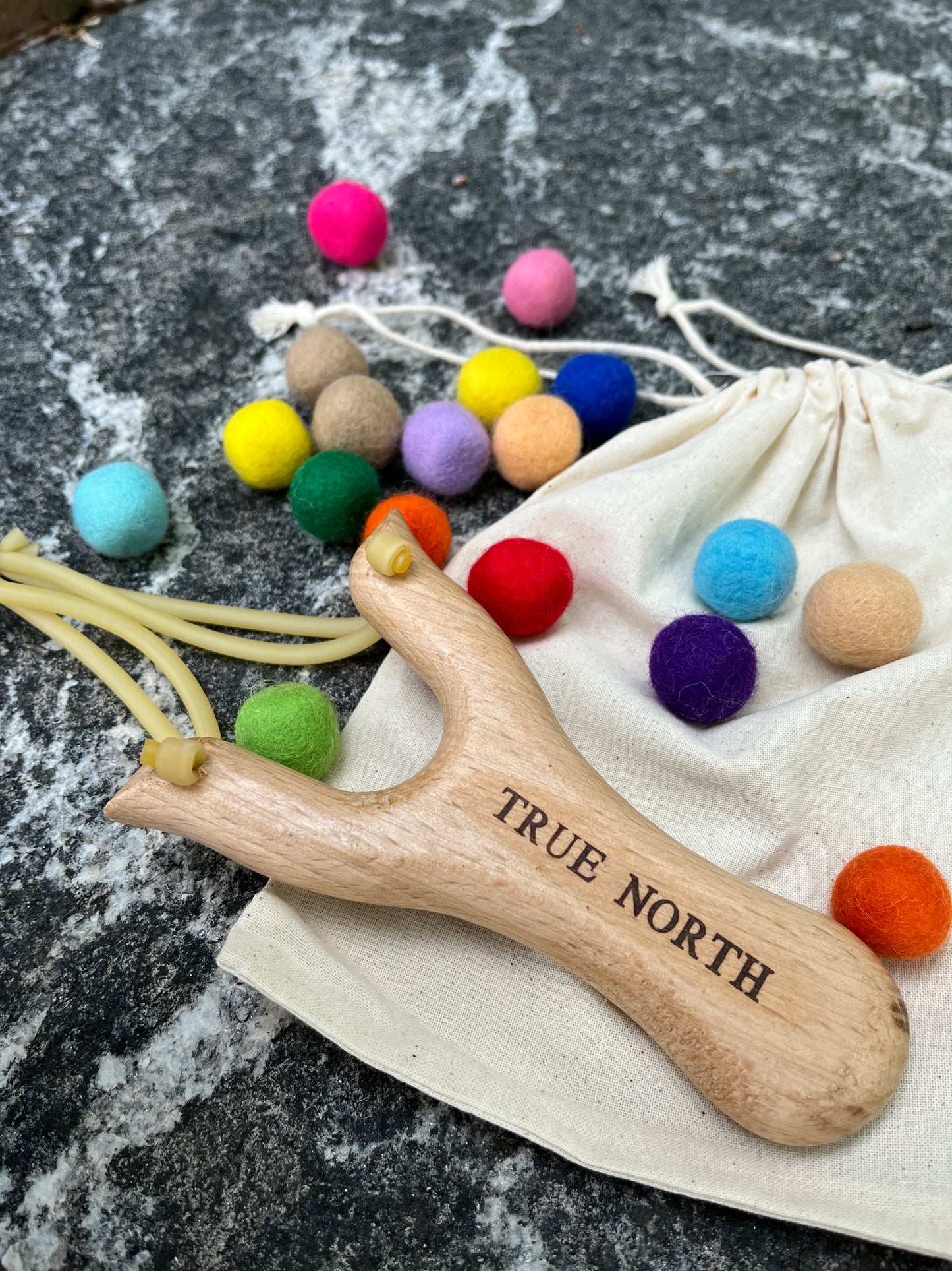True North Wooden Slingshot with Felt Balls