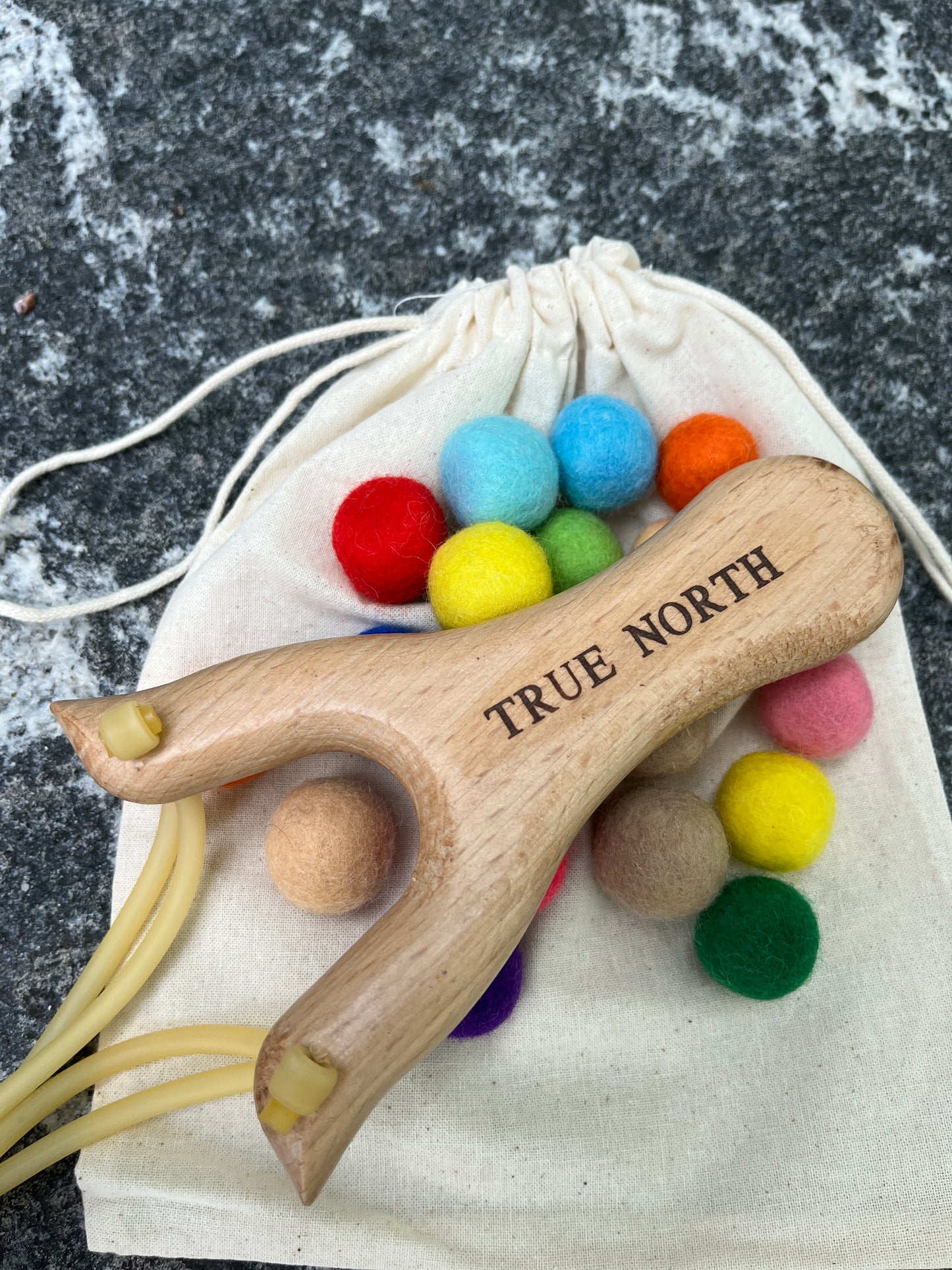 True North Wooden Slingshot with Felt Balls