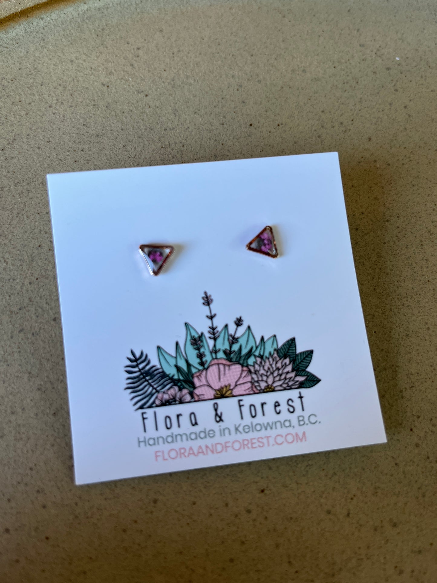 Triangle Studs | Rose Gold with Pink Flowers