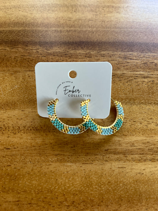 Medium Hand-Beaded Open Hoop Earrings