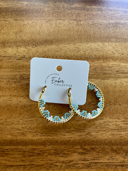 Medium Floral Hand-Beaded Hoop Earrings