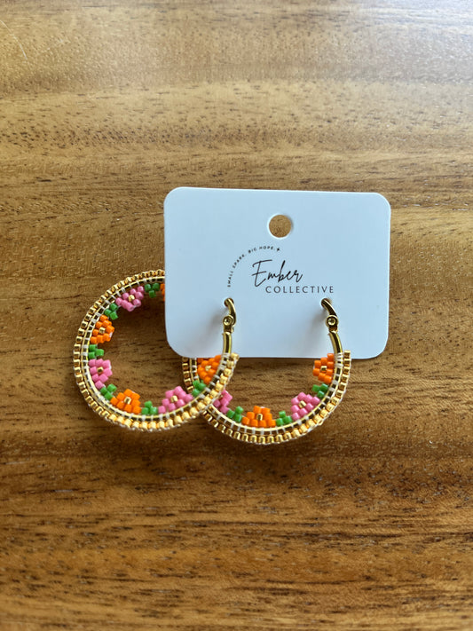Large Floral Hand-Beaded Hoop Earrings