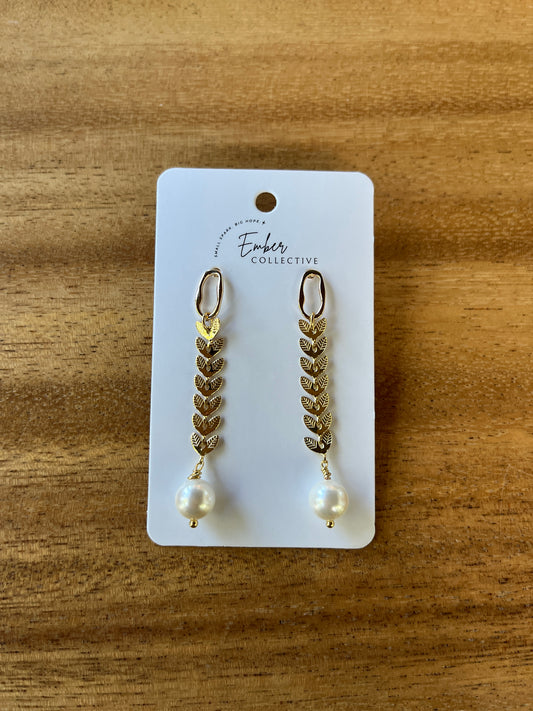 Gold Leaf Drop Pearl Earrings