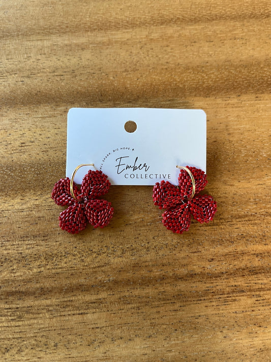 Small Hand-Beaded Flower Hoop Earrings