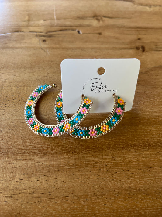 Large Hand-Beaded Open Hoop Earrings