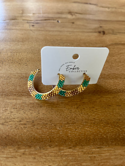Medium Hand-Beaded Open Hoop Earrings