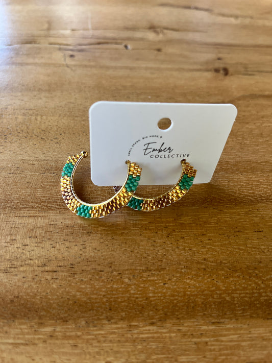 Medium Hand-Beaded Open Hoop Earrings