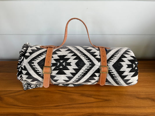 Black & White Wool Blanket with Leather Strap
