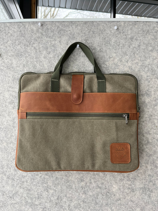 Canvas Briefcase with Leather Accents | Green with Honey Brown