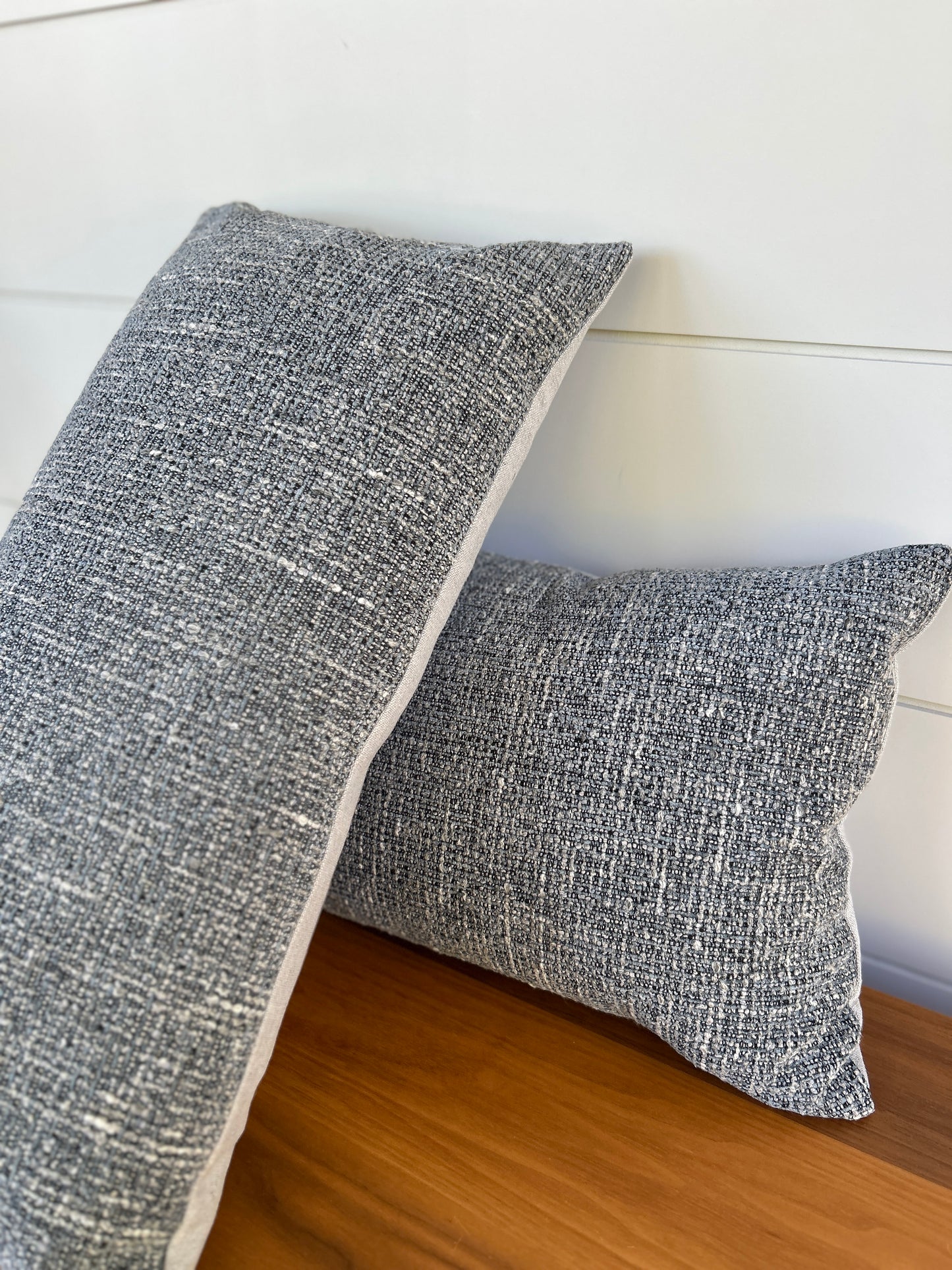 Pair of Lumbar Pillows | Blue Grey Chenille & Linen