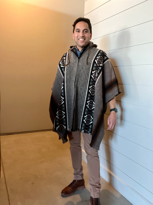Handwoven Hooded Wool Poncho (Square Cut) | Cafe