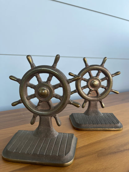 Vintage Brass Ship Wheel Bookends  | Mid-Century Modern Nautical Decor