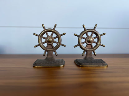 Vintage Brass Ship Wheel Bookends  | Mid-Century Modern Nautical Decor