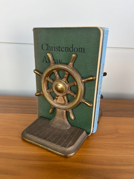 Vintage Brass Ship Wheel Bookends  | Mid-Century Modern Nautical Decor