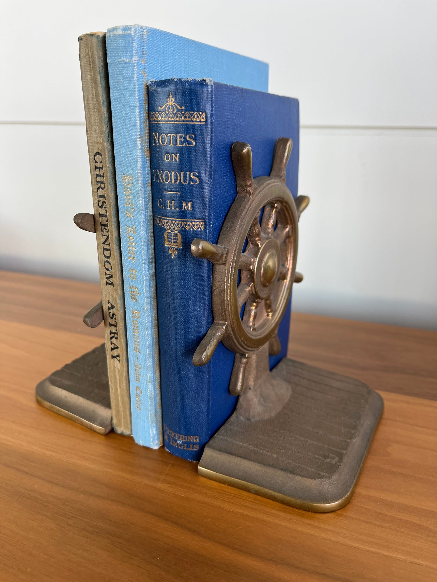 Vintage Brass Ship Wheel Bookends  | Mid-Century Modern Nautical Decor