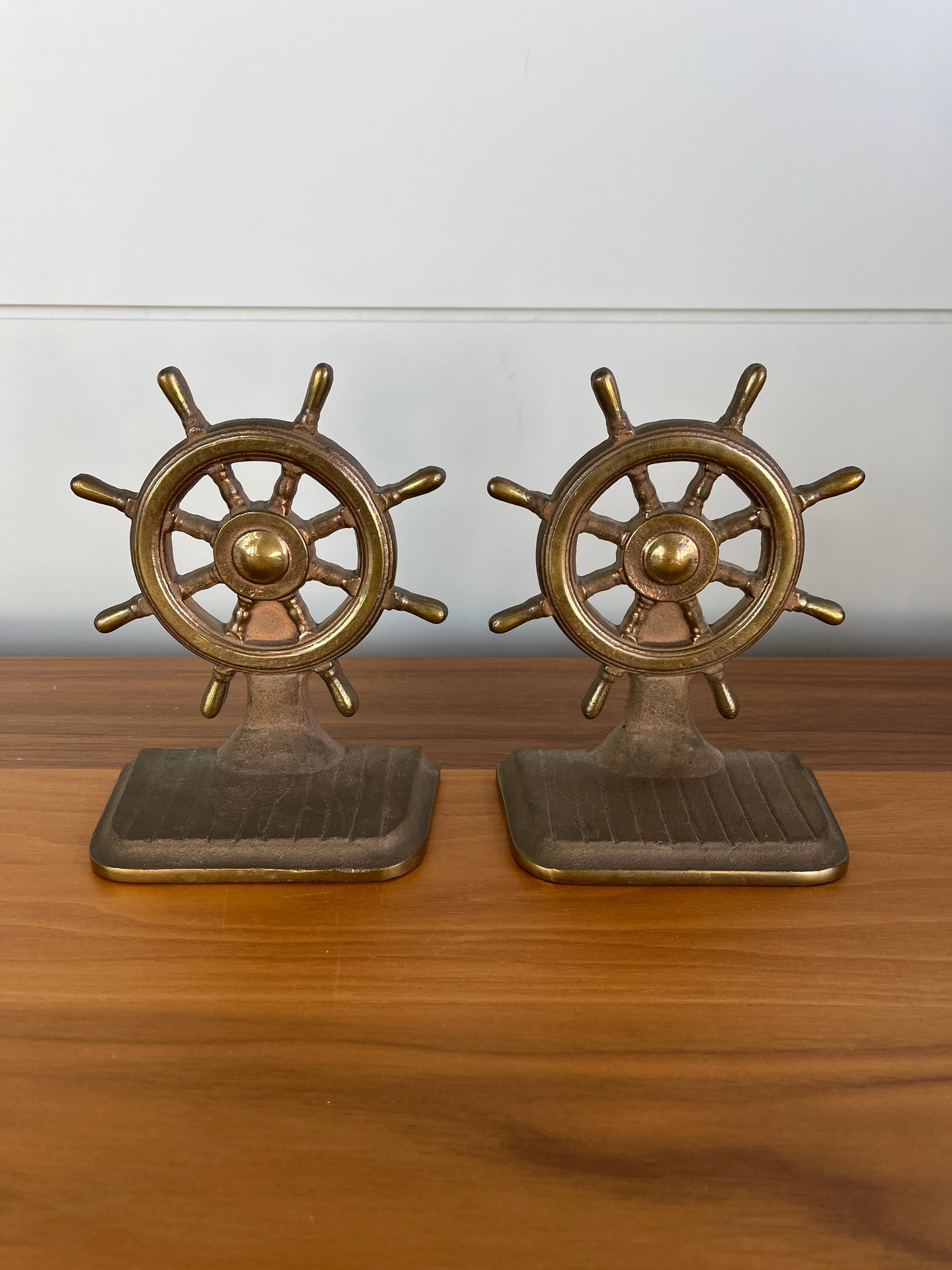 Vintage Brass Ship Wheel Bookends  | Mid-Century Modern Nautical Decor