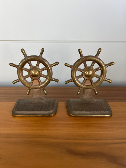 Vintage Brass Ship Wheel Bookends  | Mid-Century Modern Nautical Decor