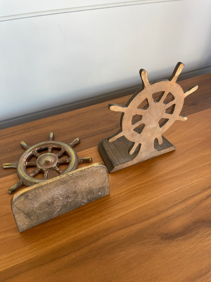 Vintage Brass Ship Wheel Bookends  | Mid-Century Modern Nautical Decor